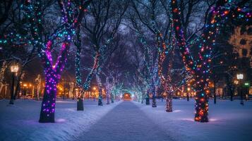 Snowy Pathway Lined With Christmas Lights On Trees photo