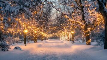 Snowy Pathway Lined with Trees and Twinkling Lights photo
