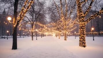 Snowy Pathway Lined with Twinkling Lights on Bare Trees photo