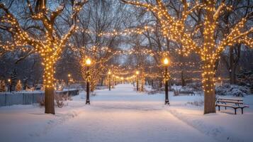 Snowy Pathway Lined with Trees and String Lights photo
