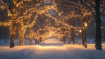 Snowy Pathway Lined with Trees Adorned with Fairy Lights photo