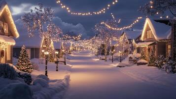 Snowy Street Lined with Illuminated Houses and Christmas Trees photo