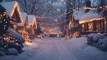 Snow-covered houses with Christmas lights on a snowy street photo