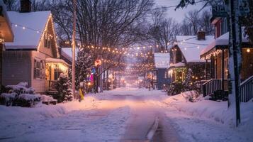 Snowy Street Lined with Christmas Lights and Houses photo