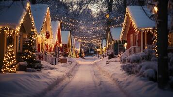 Snowy Street Lined with Christmas-Lit Houses photo