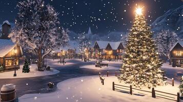 Snowy Village Square with Illuminated Christmas Tree photo