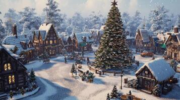 A Snowy Village Square with a Giant Christmas Tree photo