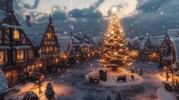 A Festive Christmas Tree in a Snow-Covered Medieval Village photo