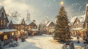 Snowy Christmas Town Square with Illuminated Christmas Tree photo