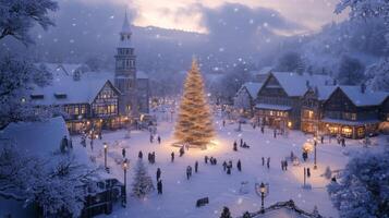 A Snowy Village Square with a Lit Christmas Tree photo