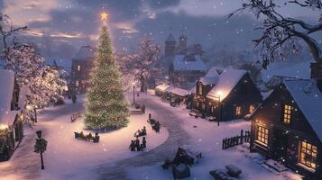 Snowy Village Square with a Giant Christmas Tree and Illuminated Buildings photo