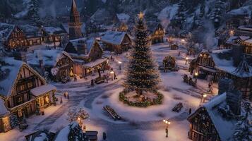 A Snowy Christmas Village with a Giant Christmas Tree photo