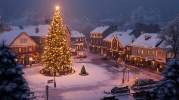Snowy Christmas Eve in a Quaint Village Square photo