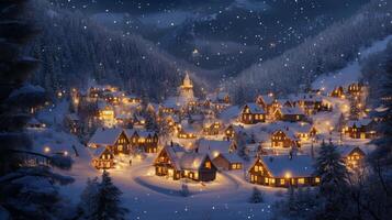 A Snowy Village Lit Up With Warm Lights Under a Starry Night Sky photo