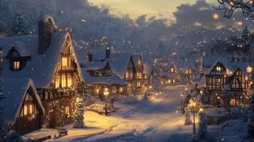 Snowy Village Street at Dusk with Illuminated Houses and Snowflakes Falling photo