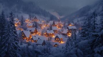 Snowy Village Houses Illuminated by Warm Lights at Night photo