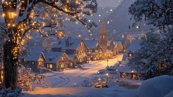 Snowy Village Street with Christmas Lights and Falling Snow photo