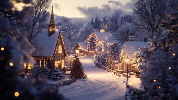 Snowy Christmas Village with Illuminated Houses and Trees photo