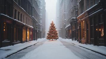 A Snowy Street with a Decorated Christmas Tree in the Center photo