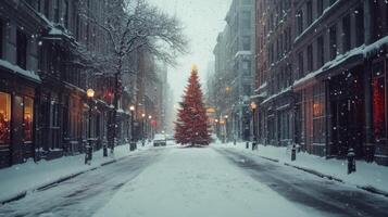 A Snow-Covered Street with a Christmas Tree and Streetlights photo