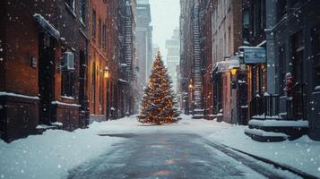 Snow-covered alleyway with a decorated Christmas tree photo