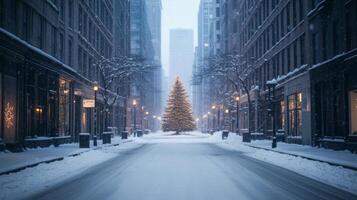 Snowy City Street with a Christmas Tree in the Middle photo