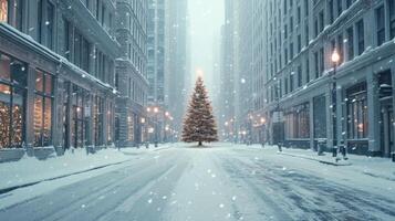 A Decorated Christmas Tree in a Snowy City Street photo