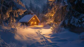 A Cozy Cabin Nestled in a Snowy Forest at Twilight photo