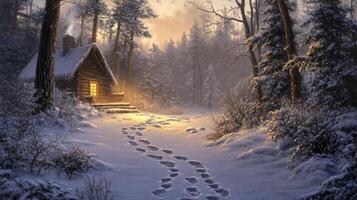 A Cozy Cabin in a Snowy Forest at Sunset photo