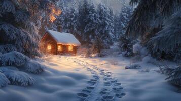 A Cozy Cabin with Warm Lights in a Snowy Forest photo