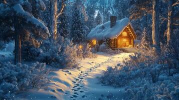 A Snowy Forest Cabin With Lights and Footprints photo