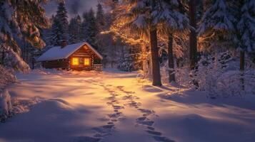 A Cozy Cabin Nestled in a Snowy Forest at Twilight photo