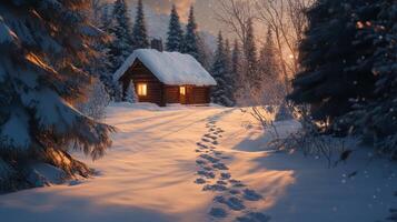 A Cozy Cabin Nestled in a Snowy Forest at Sunset photo