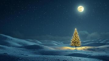 Illuminated Christmas Tree in a Snowy Landscape Under a Full Moon photo