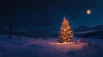 Illuminated Christmas Tree in a Snowy Mountain Landscape Under a Full Moon photo