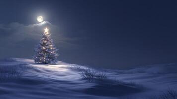 A Christmas Tree Illuminated by Moonlight in a Snowy Landscape photo