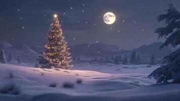A Luminous Christmas Tree in a Snowy Landscape Under a Full Moon photo