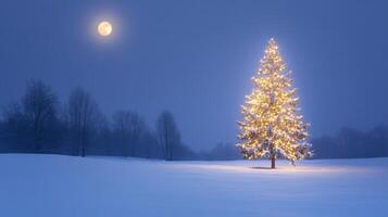 A Single Christmas Tree Lit Up in a Snowy Field Under a Full Moon photo