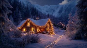 A Cozy Cabin Adorned with Lights in a Snowy Mountain Landscape photo