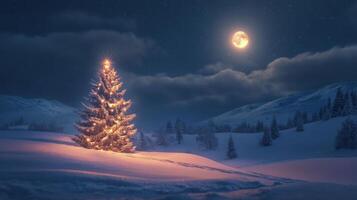 Illuminated Christmas Tree in Snowy Mountain Landscape Under Full Moon photo