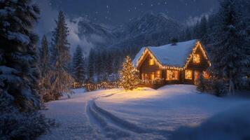 Illuminated Cabin in a Snowy Winter Forest photo