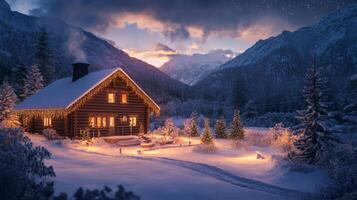 Illuminated Log Cabin nestled in Snowy Mountains at Sunset photo