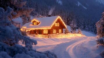 Illuminated Log Cabin in a Snowy Forest at Twilight photo