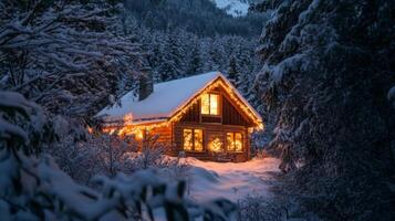A Cozy Cabin Illuminated by String Lights in a Snowy Forest photo