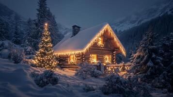 A Cozy Cabin Adorned with Lights in a Snowy Mountain Landscape photo