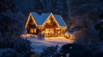 A Cozy Log Cabin Adorned with Christmas Lights in a Snowy Forest photo