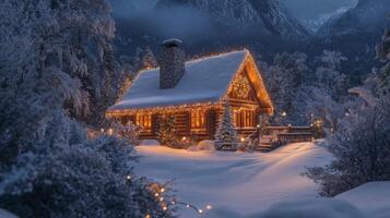 A cozy log cabin nestled in a snowy mountain landscape, adorned with twinkling lights for the holidays. photo