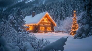 Illuminated Cabin and Christmas Tree in Snowy Forest photo