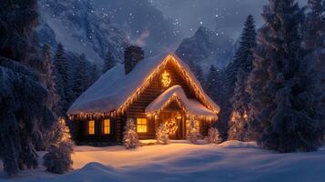 A Cozy Cabin Adorned with Lights in a Snowy Mountain Forest photo