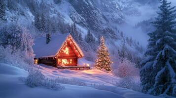 A Cozy Cabin Adorned with Christmas Lights in a Snowy Mountain Landscape photo